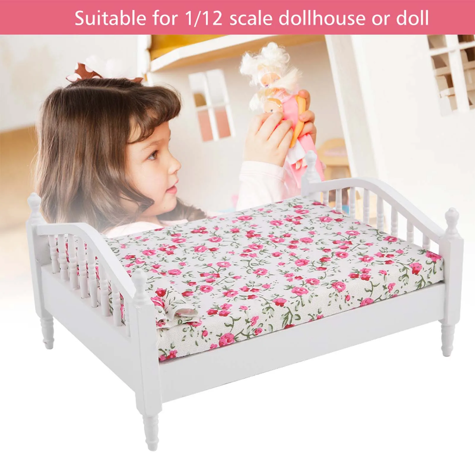 ZK30 Dollhouse Accessories Flower Pattern Mini Furniture Double Bed for 1/12 Scale Doll