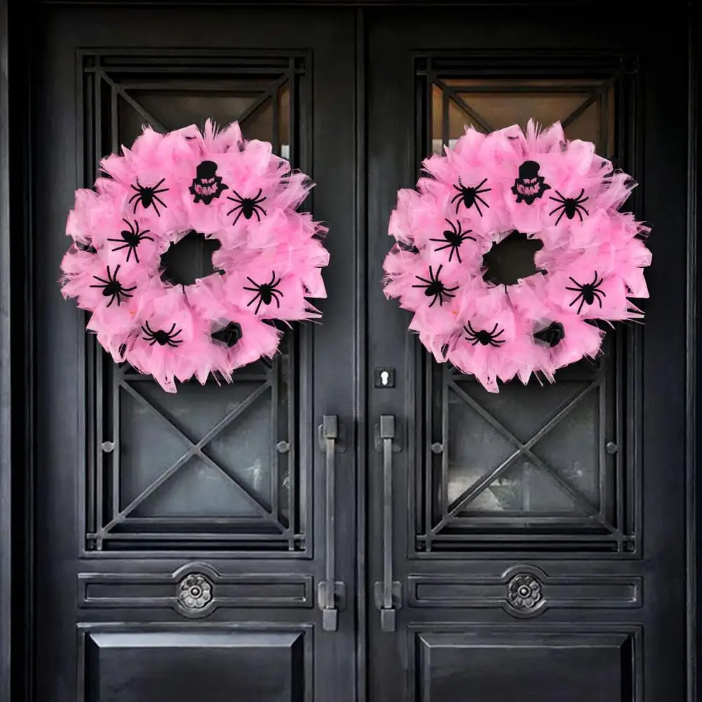 

Украшение для Хэллоуина, жуткий венок на Хэллоуин с розовыми марлевыми пауками, декоративный венок для входной двери для каминки на Хэллоуин