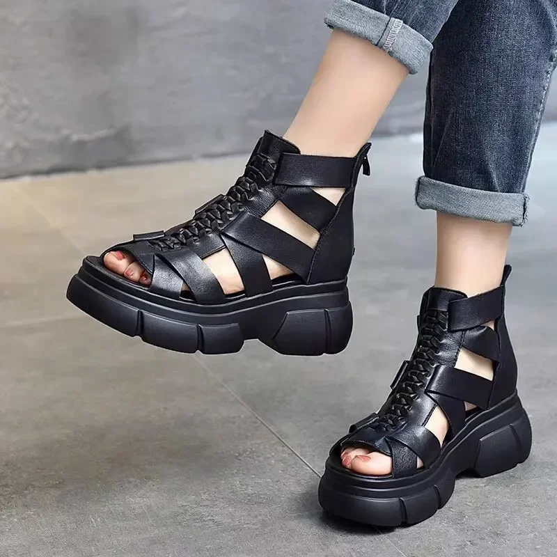 2024 Summer Black Women Pu Leather Sandals Cool Ankle Boots Platform Shoes Wedges Sandalias De Mujer Fashion Outdoor Sandalias