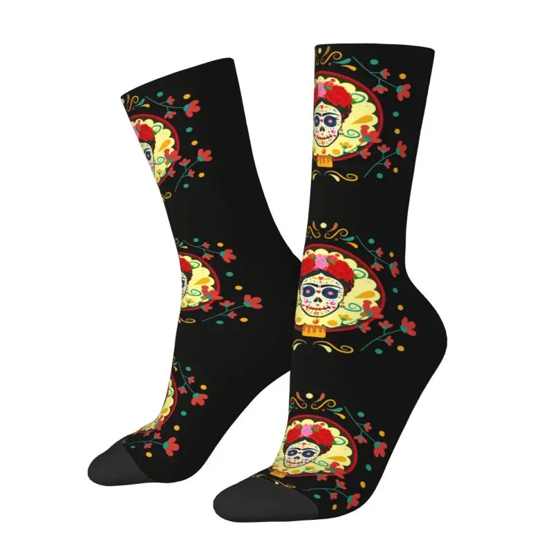 Frida Skull Day Of Dead Men\'s Crew Socks Unisex Fashion Mexican Flowers Catrina Spring Summer Autumn Winter Dress Socks