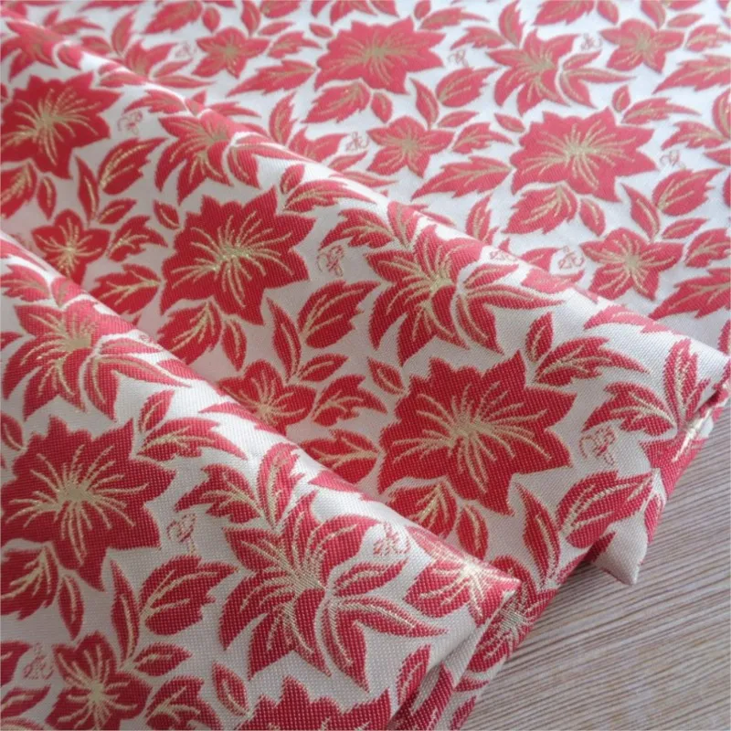 New yarn-dyed gold thread jacquard fabric elegant pink and red camellia dress