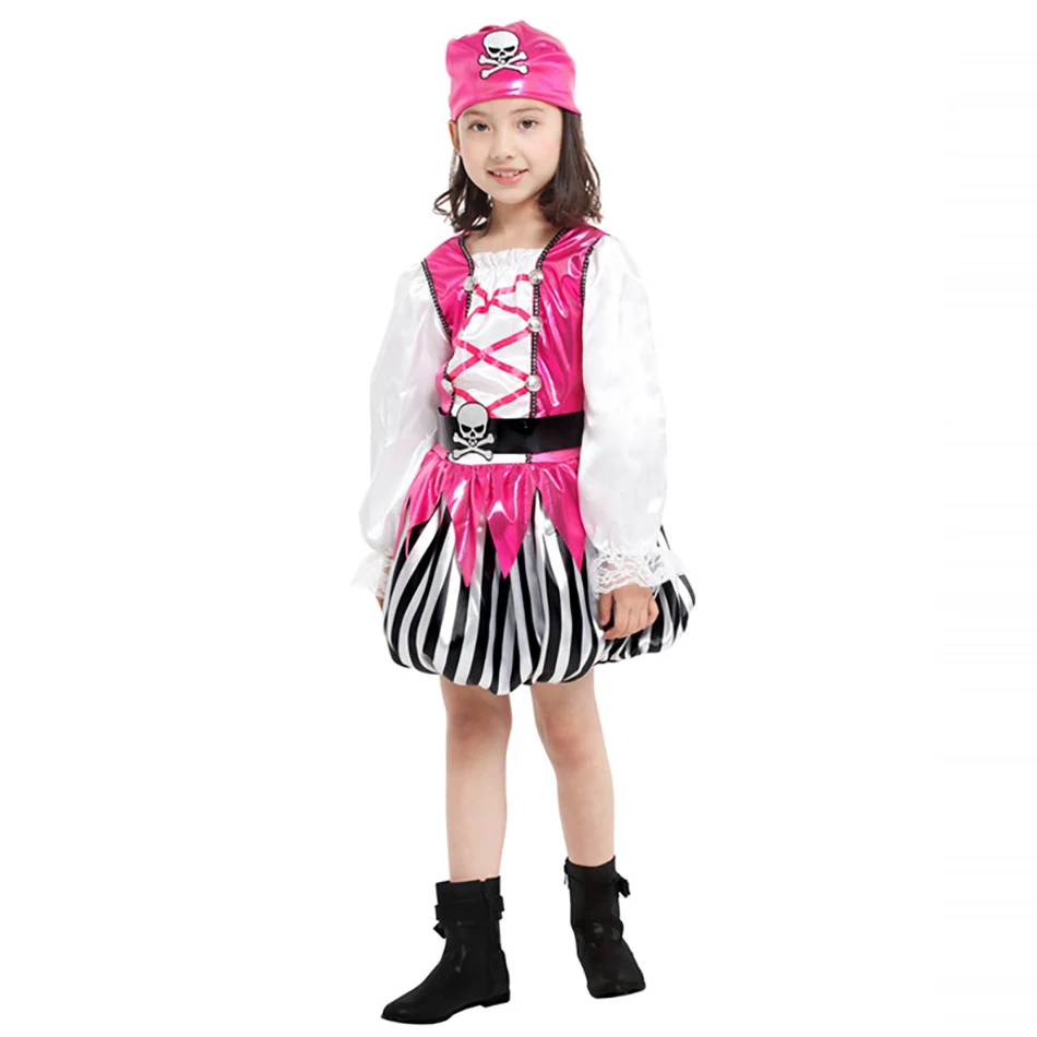 

3 Pcs Halloween Cosplay Sets Baby Boys Pirate Captain Performance Outfit Girls Skirt Headscarf Belt Party Stage Wear Costumes