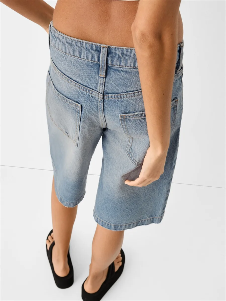 Women Trendy Denim Shorts Buttons Midi Waist Pockets Short Jeans Summer Fall Fashion Pants for Streetwear Vintage Retro Y2K 90s