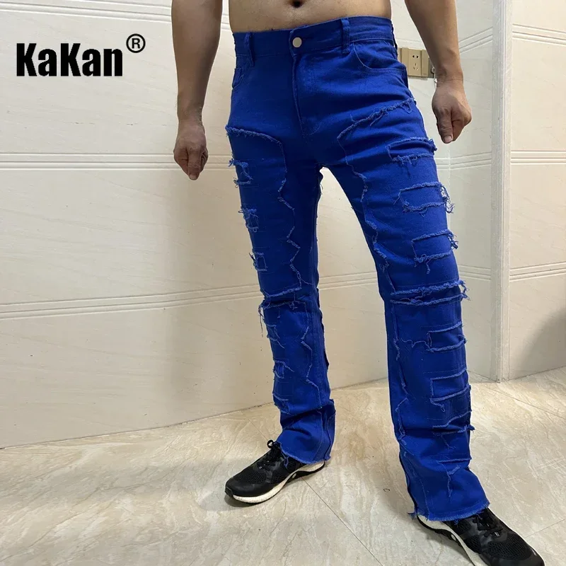 Kakan - New European and American Elastic Patch Jeans for Men, Original Real Time Patch Pants High Street Straight Tube Jeans