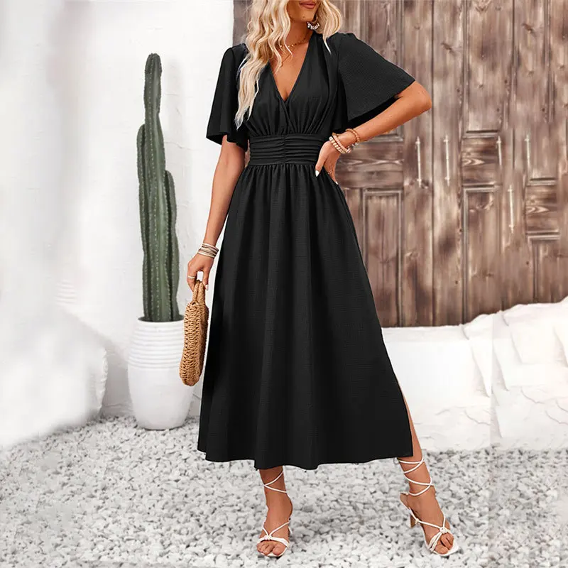 

Elegant European and American women's dress with lotus leaf sleeves, slit, and elastic waist; pure color long dress for summer