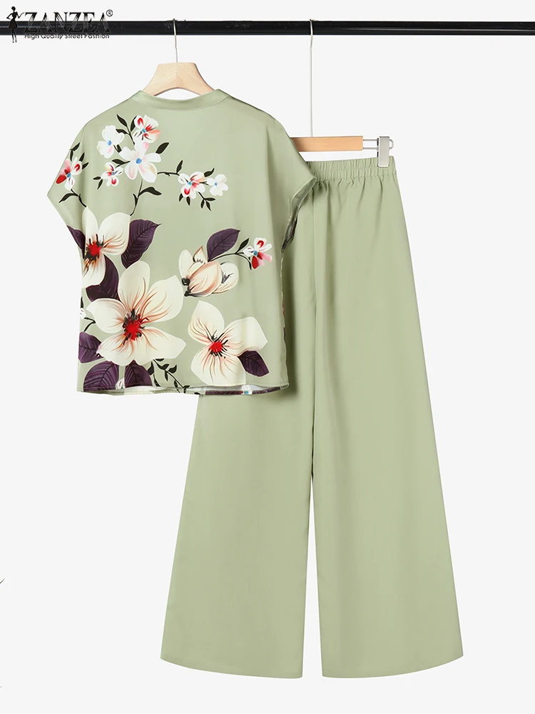 ZANZEA 2025 Baju Olahraga Cetak Musim Panas Set Cocok Wanita Blus Lengan Pendek Elegan Set Celana Kaki Lebar 2 Potong Pakaian Kasual