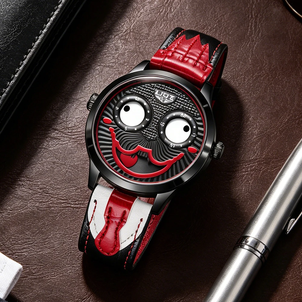 LIGE Cool Joker Watch Men Classic Men's Clown Watches Fashion Leather Strap Waterproof Quartz Wristwatches For Men Reloj Hombre