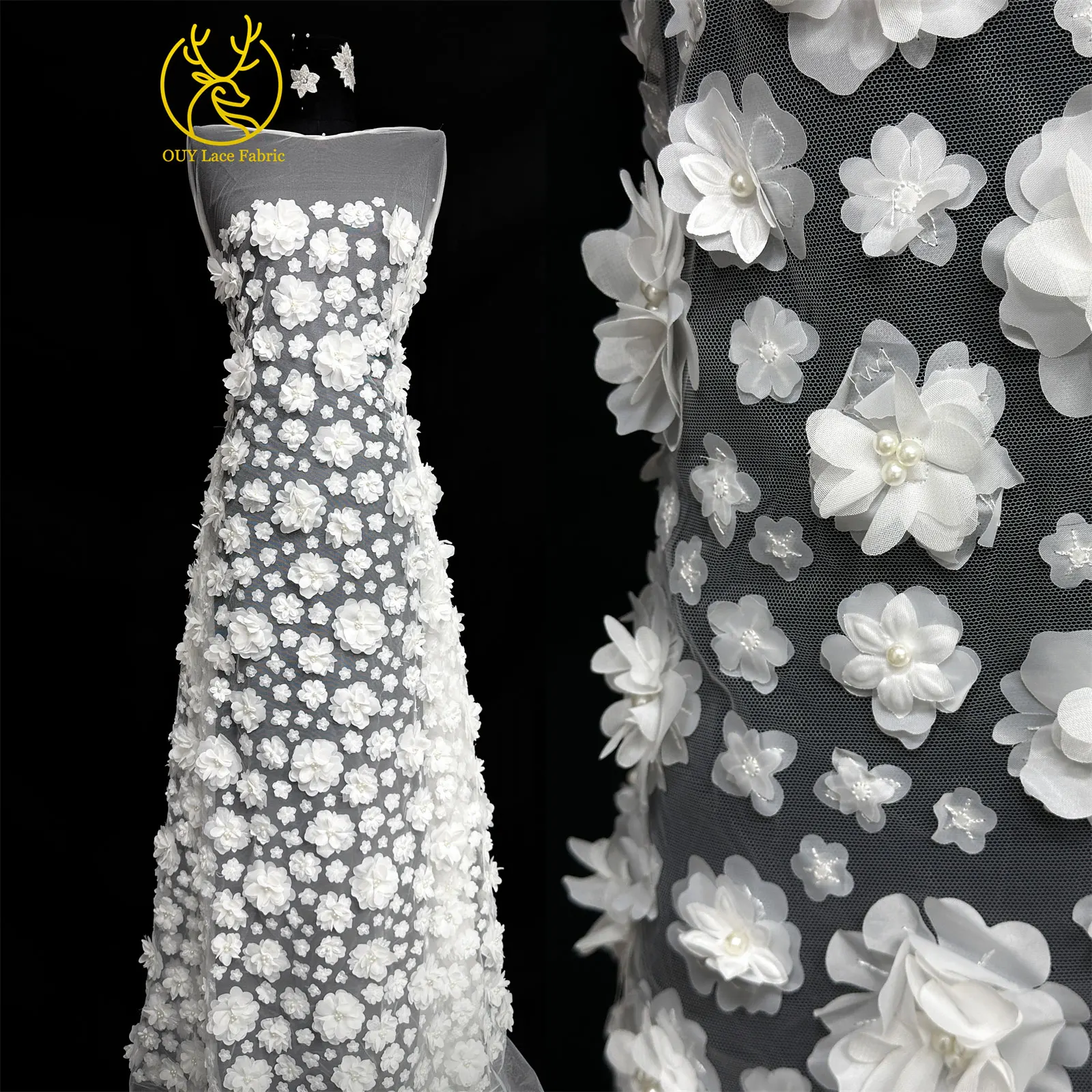3D Französische Blumenperlen-Spitze 2026 Afrikanische Pailletten-Spitze Nigerianischer Tüll-Netzstoff für Hochzeitskleider 5 Yards – Detail 8