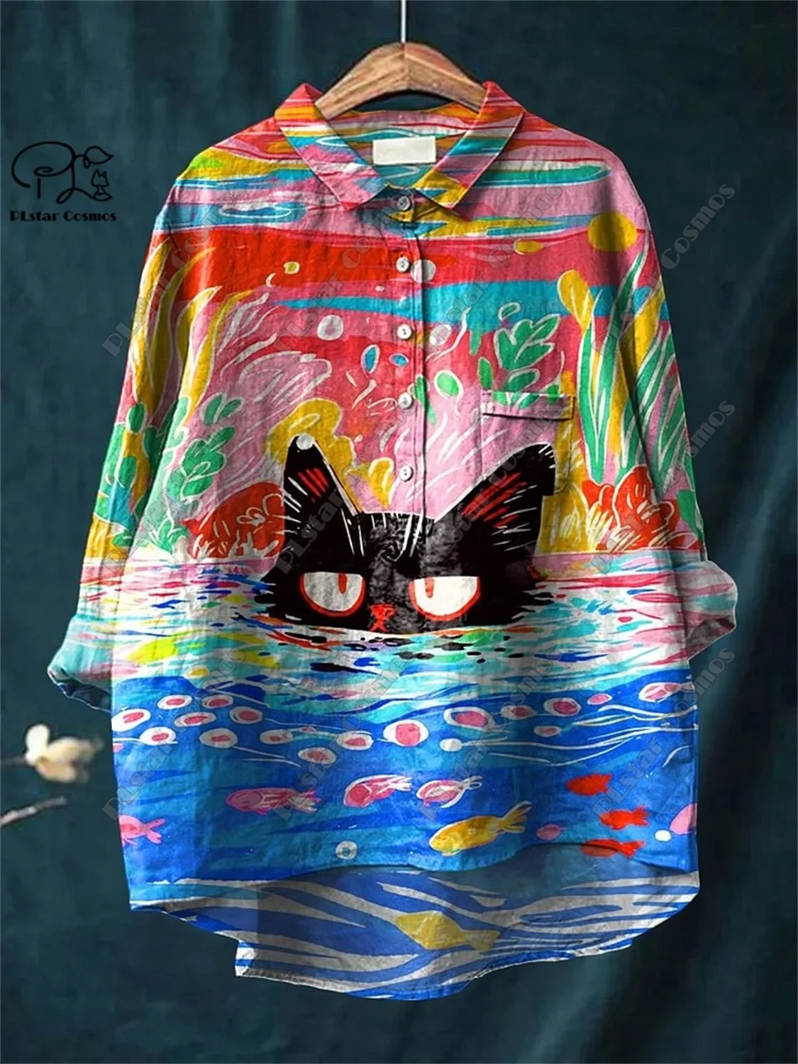 PLstar Cosmos new 3D printed women's loose retro floral cat fun casual printed open tube shirt K-2