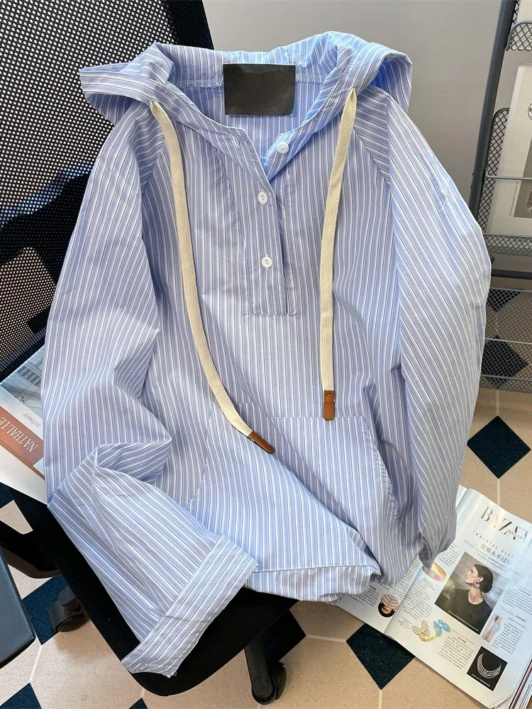 

Blue Striped Women's Hooded Shirt Sweatshirt 2024 new Spring and Autumn Loose Retro Hong Kong Style Chic Lady Casual Shirt Top