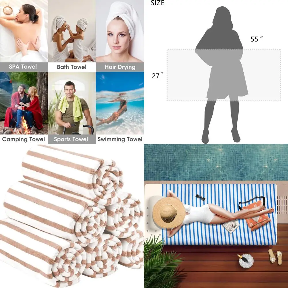 

6-Pack Large Adult Microfiber Beach Towels, 27x55, Cabana Stripe, Absorbent, Quick-Dry, No Fading - Ideal for Pool, Yoga, Sports