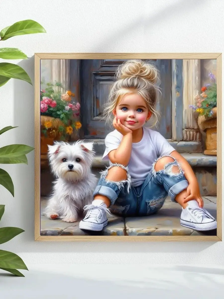 1 Stück 40x40 cm/15,74 Zoll Das kleine Mädchen und der Welpe vor der Tür Kreuzstich-Set DIY-Set 11CT/14CT als Geschenk – Detail 1