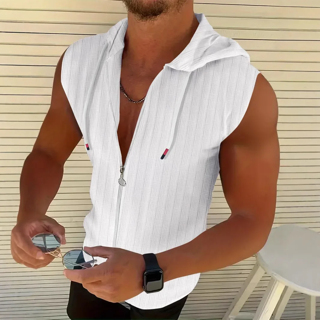 Summer Men's Jacquard Stripe Zip-Up Sleeveless Hoodie Breathable Mesh Vest Casual Streetwear T-Shirt Top for Beach