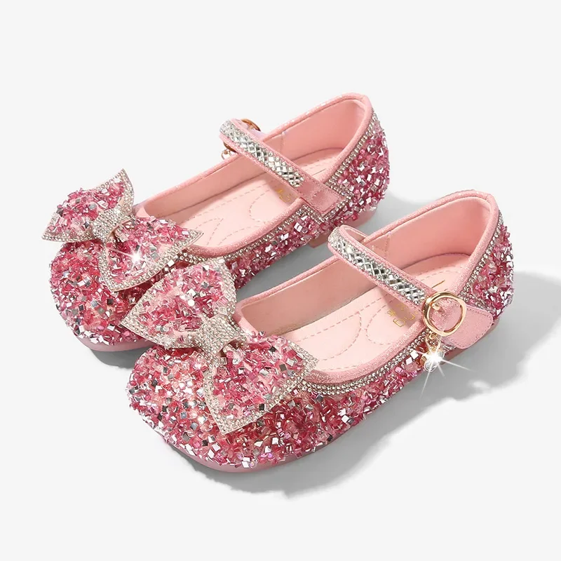 Spring Girls Party Shoes Sweet Sequins Bowknot Kids Princess Versatile Wedding Dress Leather Shoes Fashion Children Mary Janes