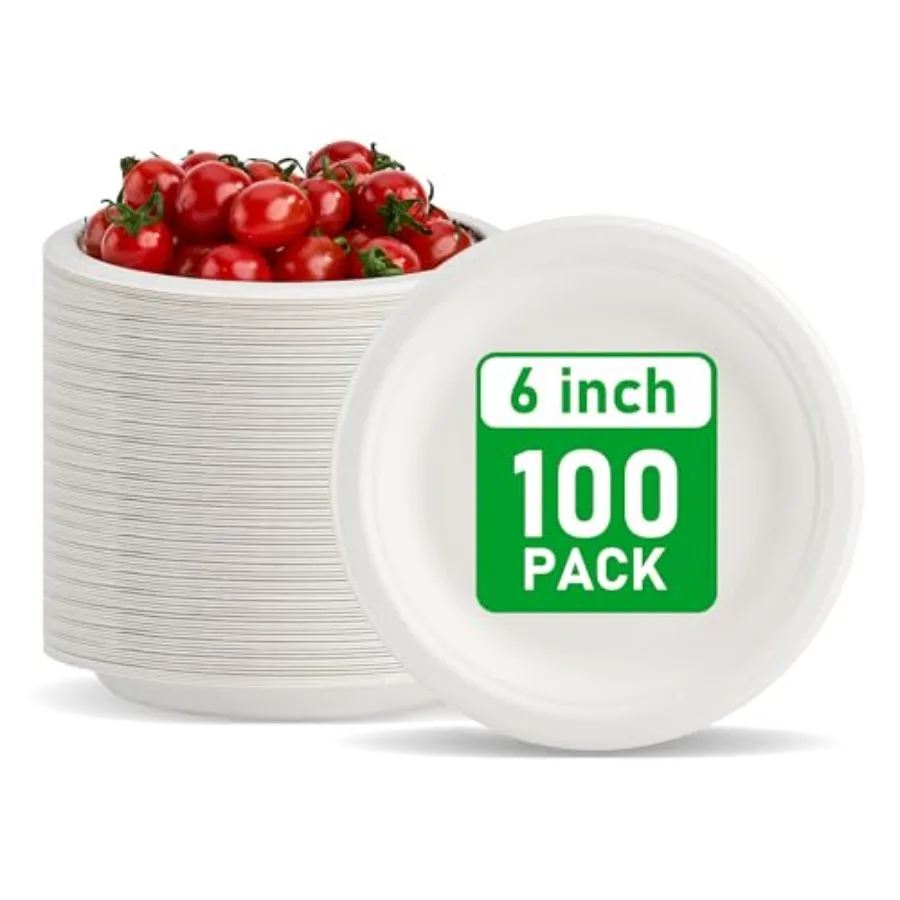 

Compostable Small Paper Plates 6 Inch [100 Pack], Dessert Plates, Disposable Biodegradable Heavy Duty Paper Plates, Made of Nat