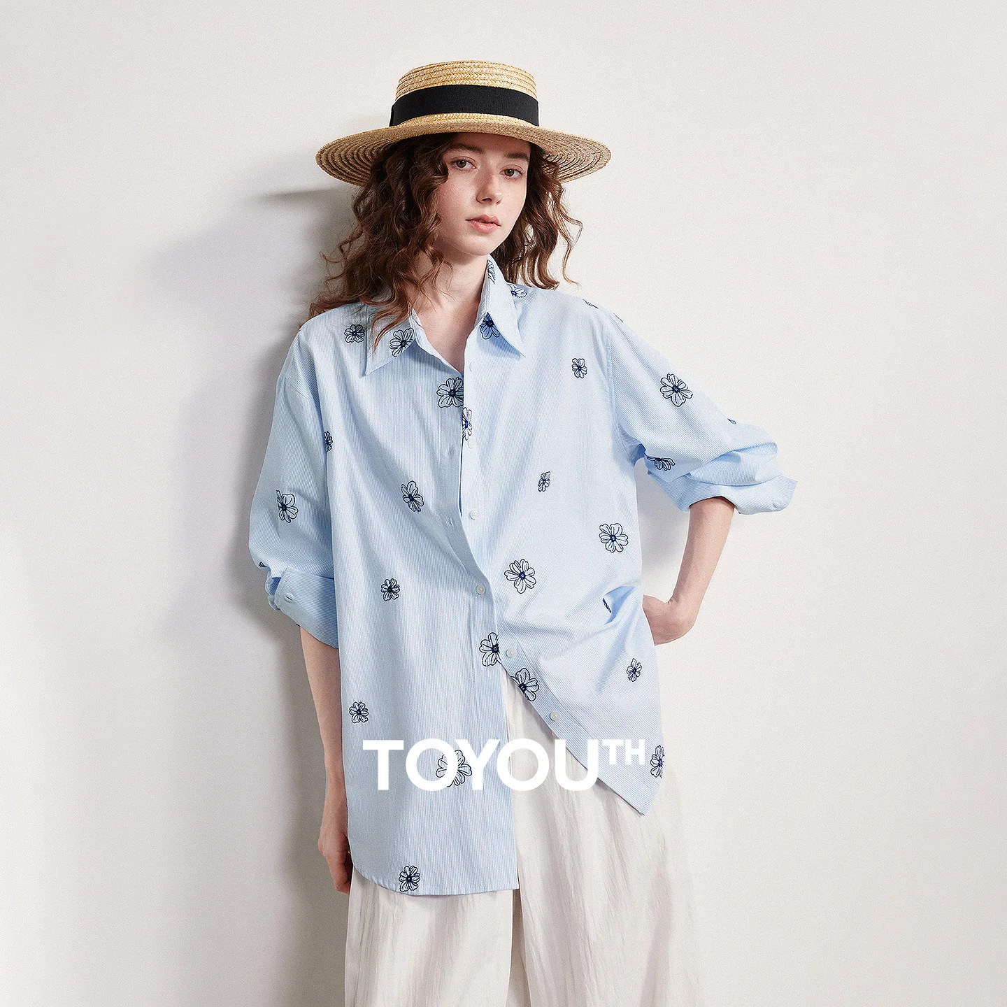 

TOYOUTH Women Shirt 2026 Spring New Striped Flower Embroidered Fresh Countryside Shirt Loose Cardigan Jacket