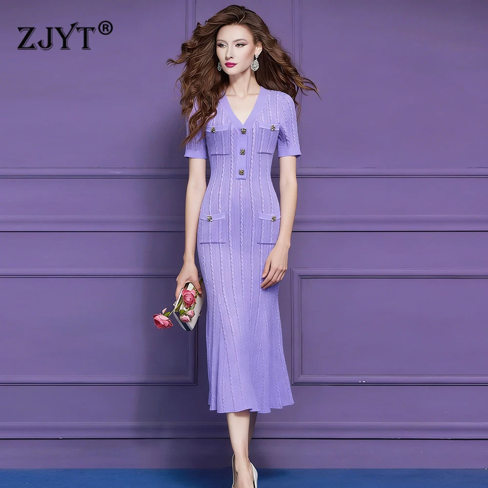 

ZJYT Summer Elegant Long Knit Sweater Dresses for Women 2026 New Short Sleeve V Neck Purple White Mermaid Party Evening Dress