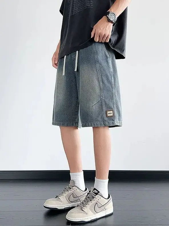 American Retro Starry Night Denim Shorts Men's Summer Loose Breathable Five-Quarter Length Sporty Ice Silk Cool Feeling Pants
