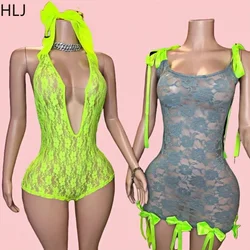 HLJ Sexy Lace See Though Bow Bodycon Mini Dresses Women Strap Sleeveless Sheer Slim Vestidos Y2K Fashion Nightclub Clothing 2024