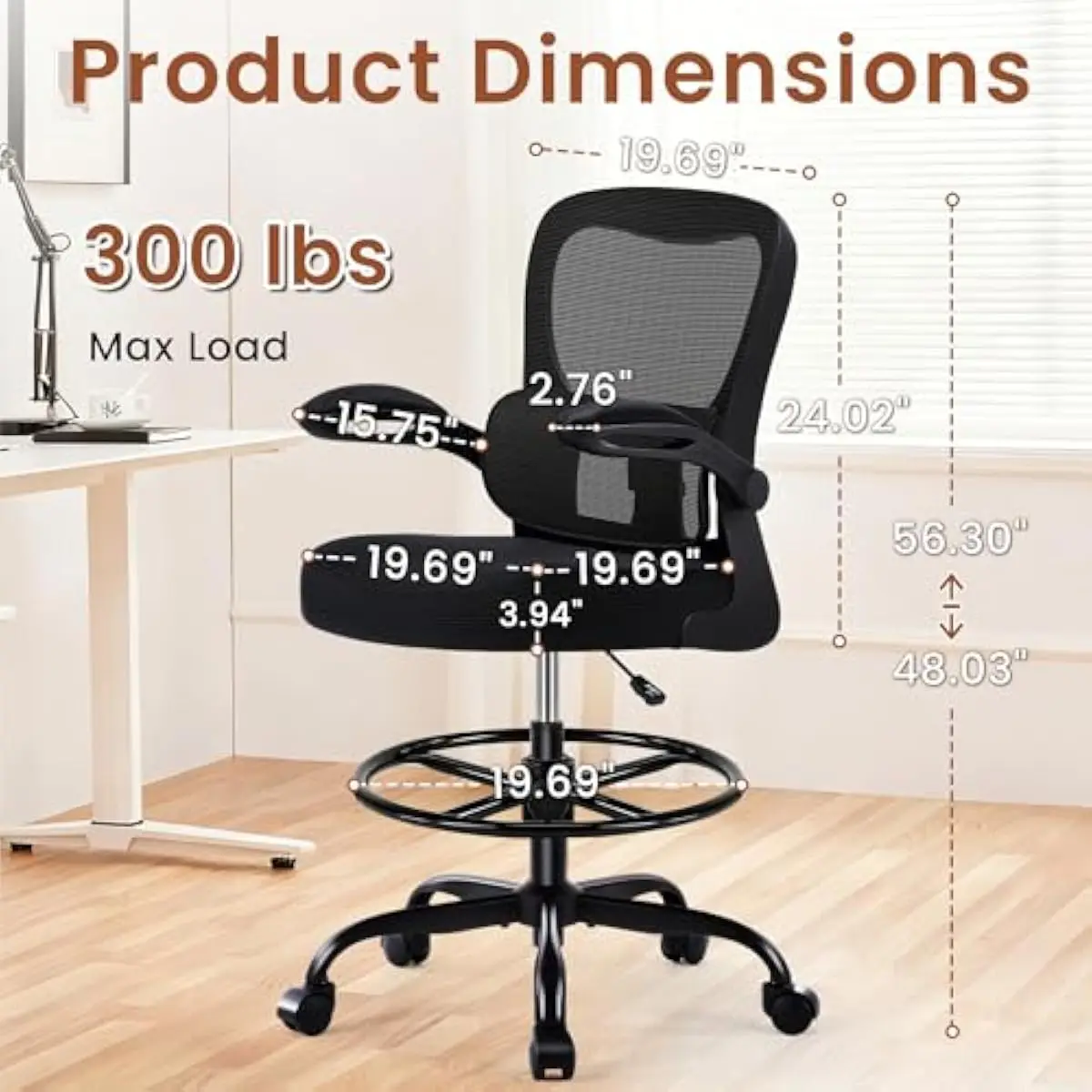 Ergonomic Drafting Chair with 3D Mesh Back and High-Density Foam Seat – Adjustable Height Footrest Ring, Flip-Up Armrests, 2D Lu