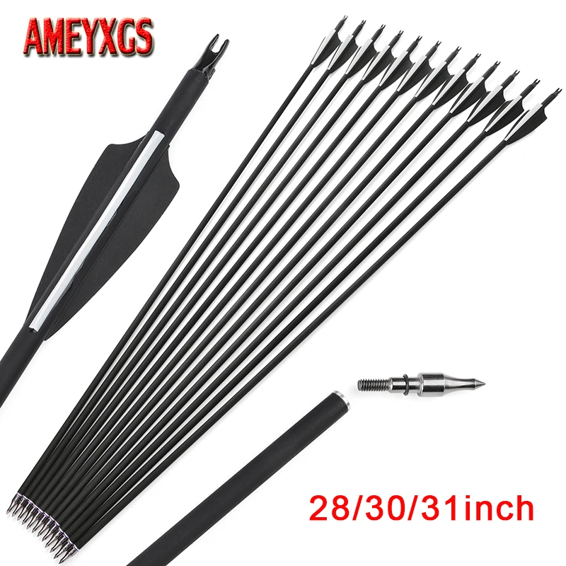 

6/12pcs 28"/30"/31" Spine 500 Carbon Arrows Black 3" Rubber Feather ID 6.2mm Recurve Compound Bow Archery Shooting Hunting Arrow