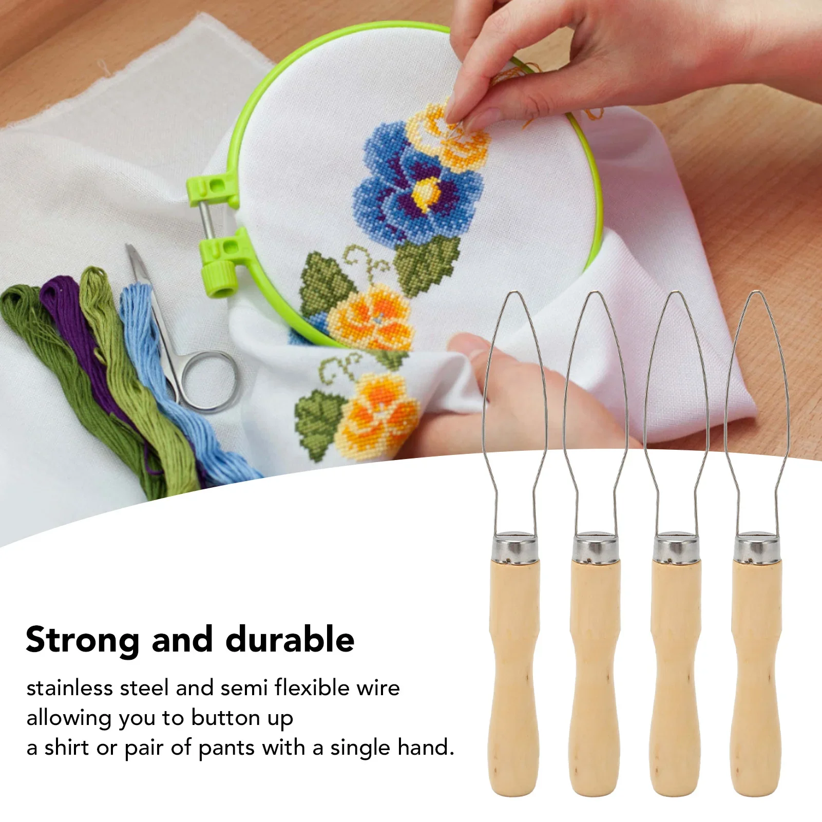 

4 шт., крючок для пуговиц, деревянная ручка, проволока из нержавеющей стали, полугибкая кнопка, вспомогательный инструмент для пожилых людей, артрит