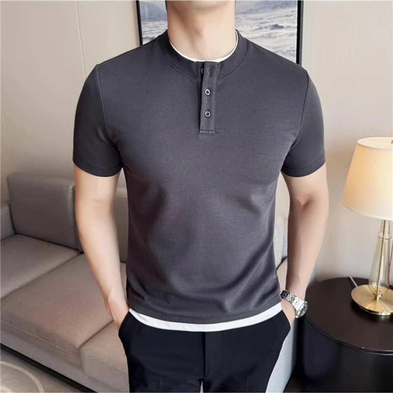 

Summer British Style Henry Collar Fake Two Piece Short Sleeved T-shirts Men Slim Personalized Elastic Casual Business T-shirt