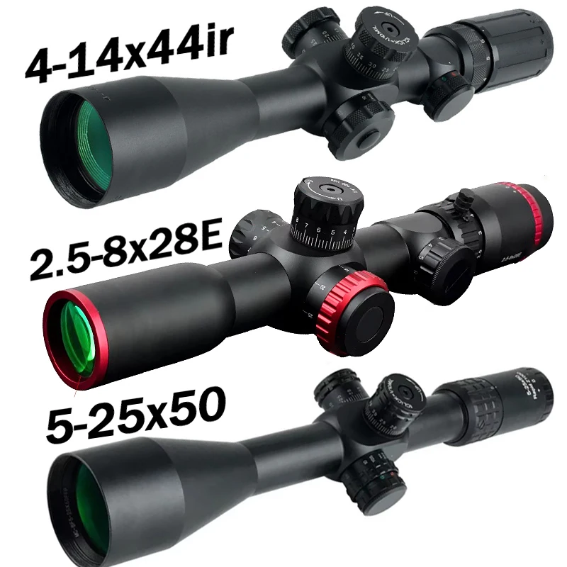 

4-14X44IR FFP Высококачественные прицелы FFP 2,5-8x28 с трехподсветкой, цветной прицел с перекрестными волосами, 5-25x50, красный/зеленый рефлекторный прицел