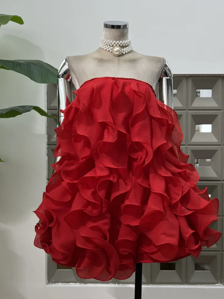 Dfdg elegante vestido tubo sem alças em camadas babados bainha pura silhueta esculpida 2025 primavera verão vestido de festa cocktail
