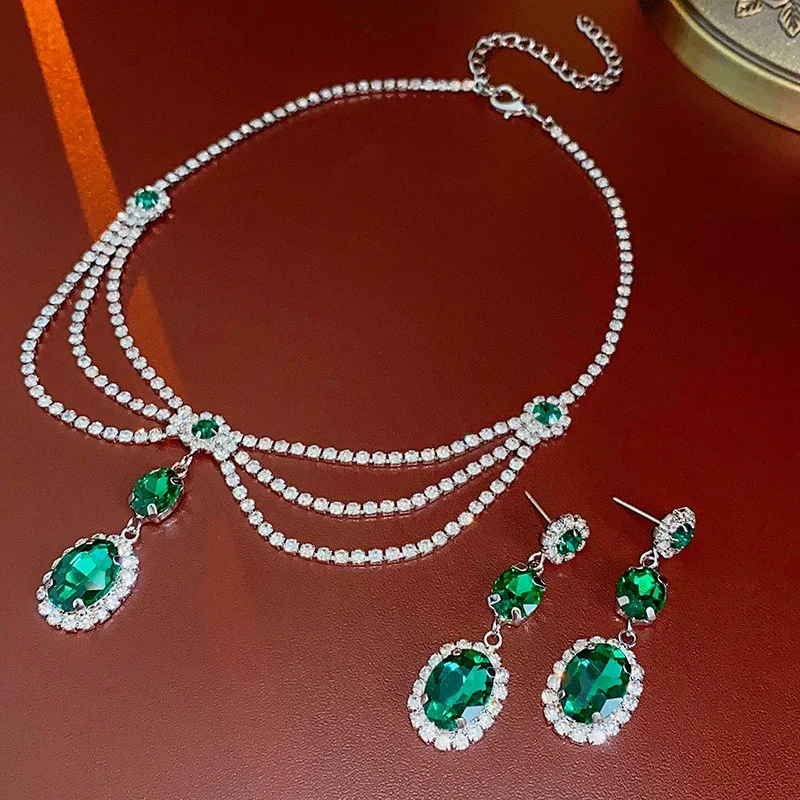 3 Pcs Green Rhinestone French Oval Pendant Necklaces Court Elegant Light Luxury Earrings Silver Needle Jewelry Sets Wholesale