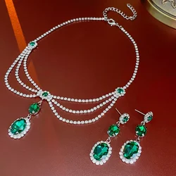3 Pcs Green Rhinestone French Oval Pendant Necklaces Court Elegant Light Luxury Earrings Silver Needle Jewelry Sets Wholesale