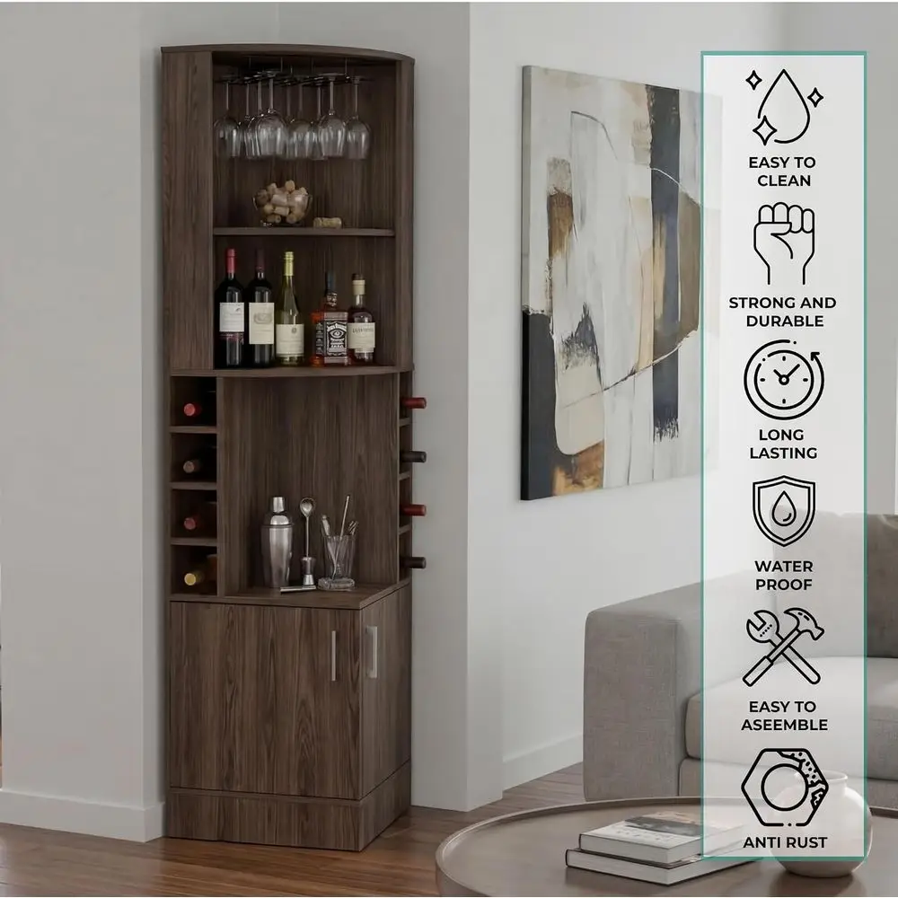 Syrah Bar Cabinet, Tall 71.1" Liquor Cabinet with Stemware Rack, 8 Bottle Cubbies, 2 Do& Open Shelves, Triangular Wine Bar Cabin view 6