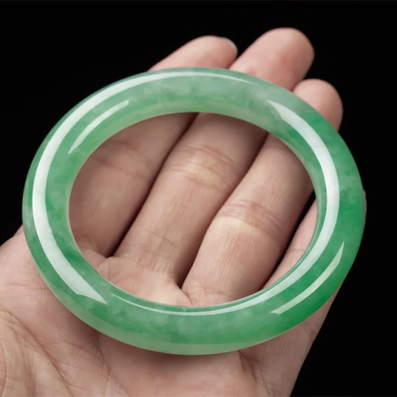 Natural Bracelet from Myanmar, Ice-Waxy Jadeite, Round Bar, Green Veins and Flower Patterns, Glass-Quality, Old Mine, Tr