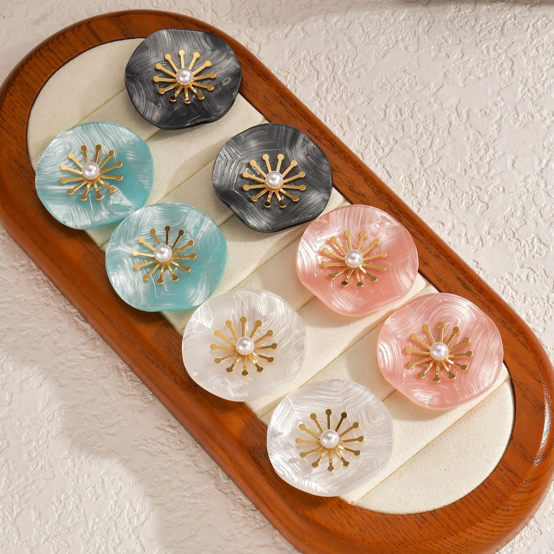 Kissmoon Colorful Geometric Round Stamen Inlaid With Imitation Pearls Stainless Steel Earrings for Women Daily Party Unique Gift