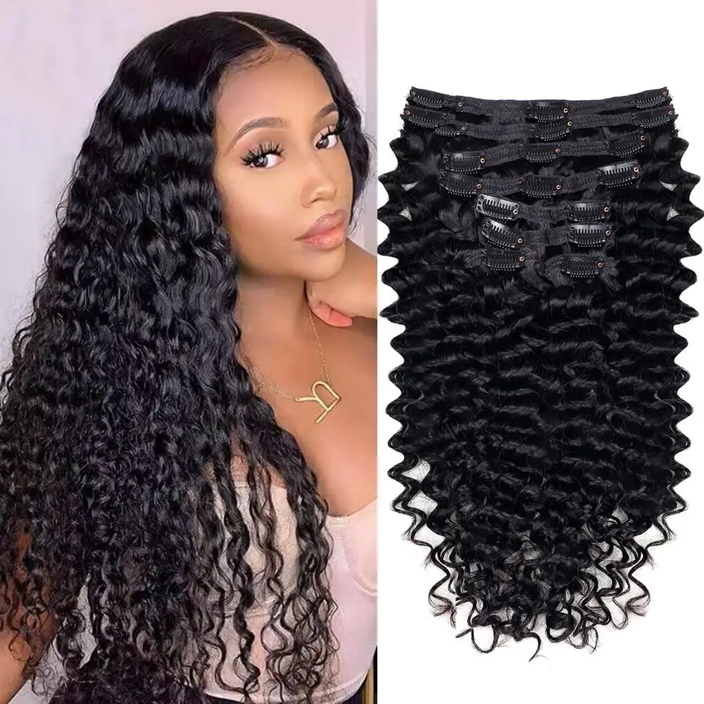 Extensiones de cabello humano virgen brasileño para mujer, pelo Remy de onda profunda con Clip, 8 piezas