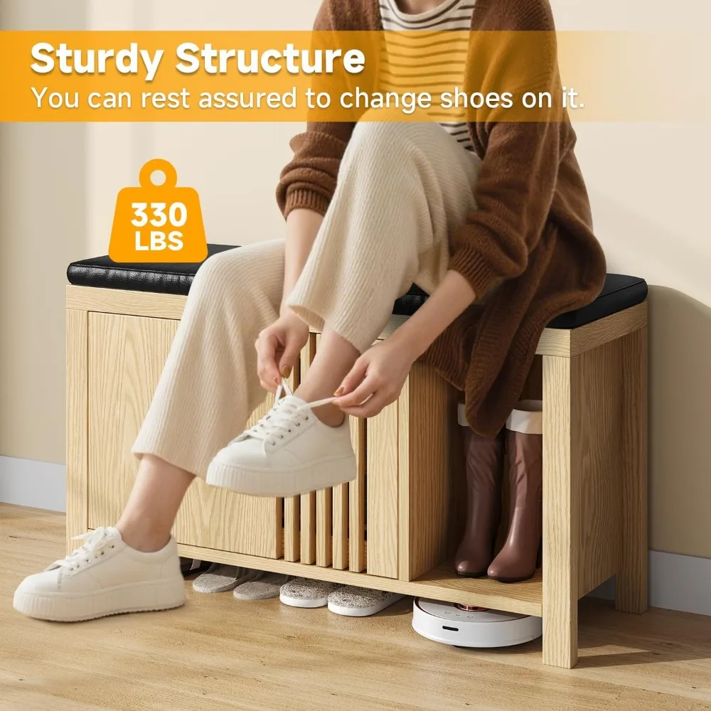 مقعد تخزين قابل للطي مقاس 40 بوصة مع وسادة ورف قابل للتعديل وأبواب شرائحية لتخزين الأحذية في المدخل #6