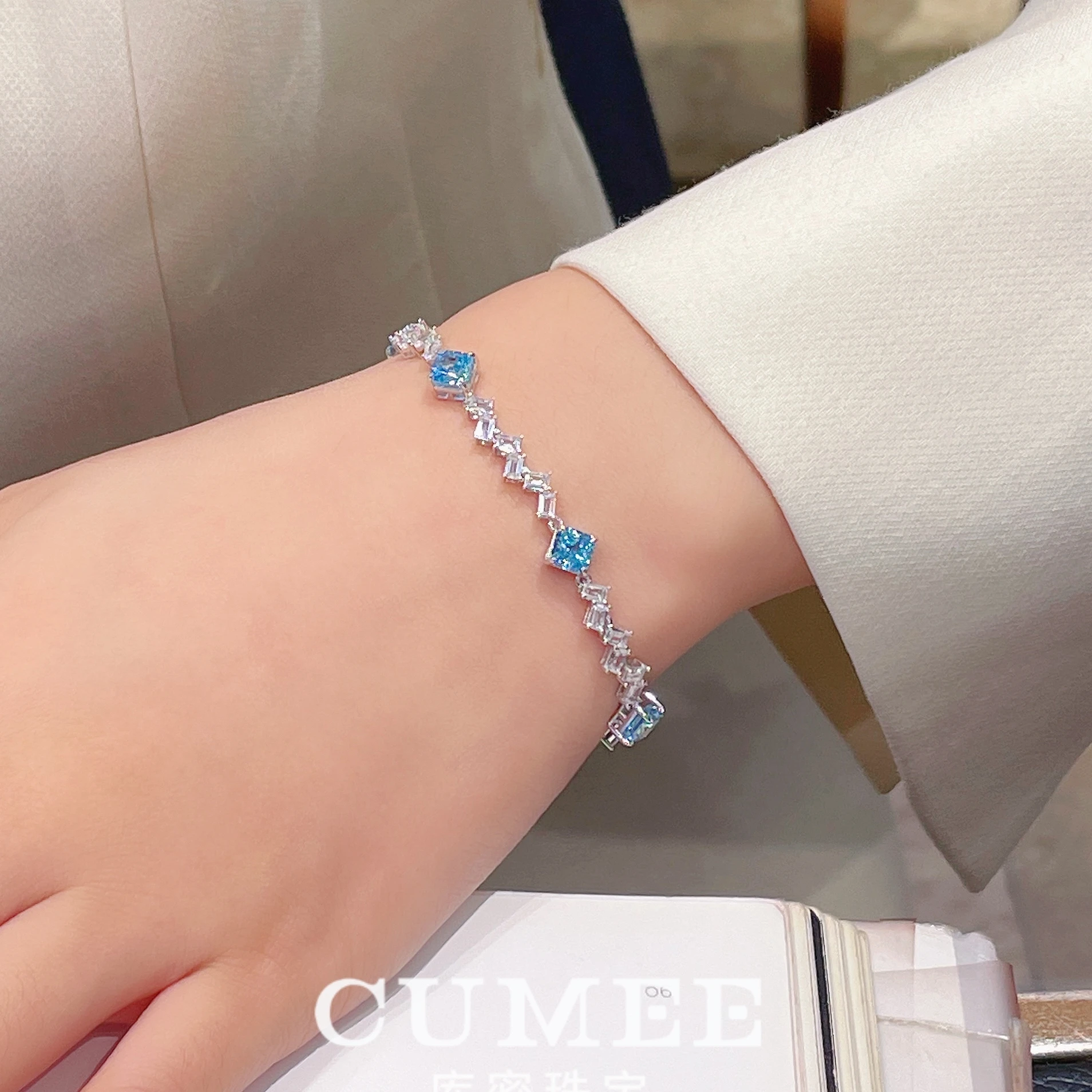 Cumee Cut Dainty Daily Square Princess Cultivate Synthetic Aquamarine Bracelet 925 Sterling Silver Gold Plated