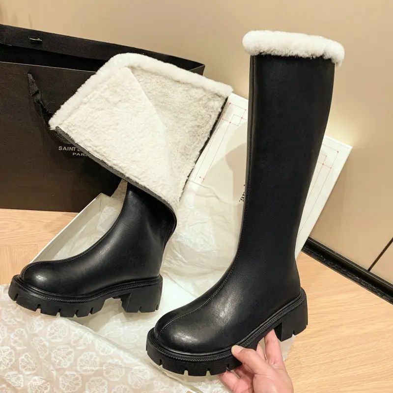 

2024 Women Knee-High Sow Boots Thick High Heels Shoes Woman Genuine Leather Winter Warm Ladies Snow Boots Size 34-41