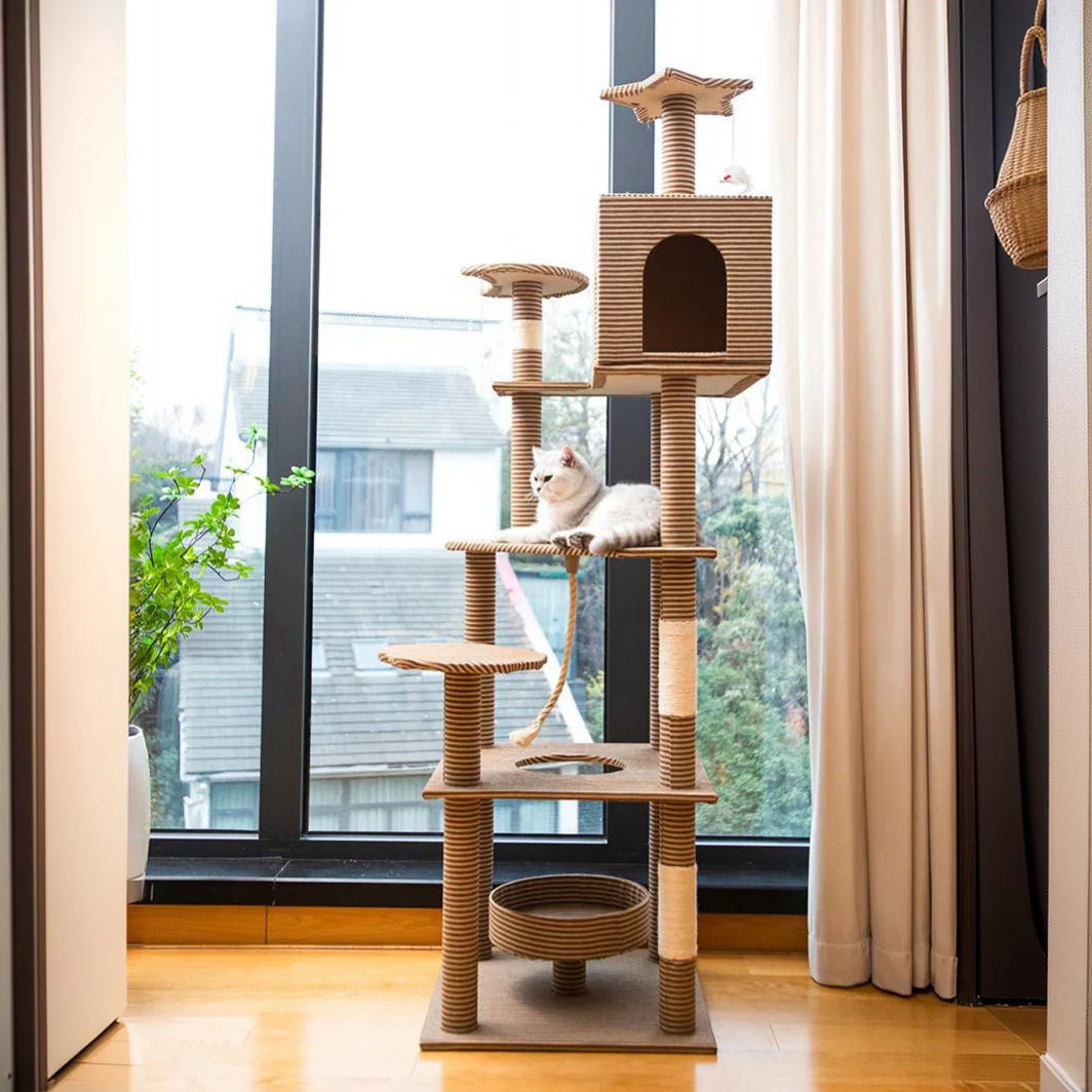 

Башня для кошачьего дерева, трехслойная с сизалевым когтеточком, мебель для домашних животных, 167 см, 66 дюймов, фальш и деревянная платформа, МДФ, фанера OEM/ODM