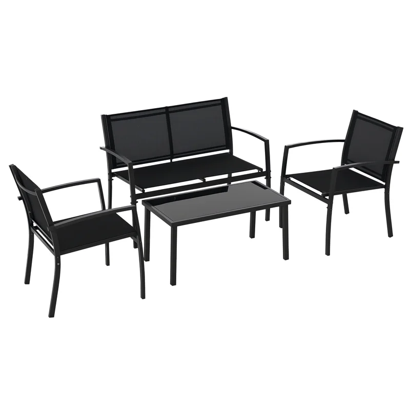 Salon de jardin 4 pièces avec 2 sièges, 2 chaises longues et table à bascule avec verre trempé, coussins inclus, noir