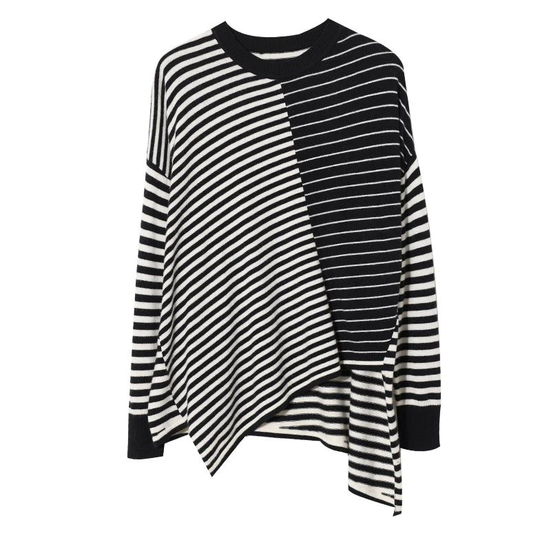 Autumn Winter Striped Patchwork Irregular T-shirt Ladies Long Sleeve Loose Casual Streetwear All-match Pullover Top Women Tees