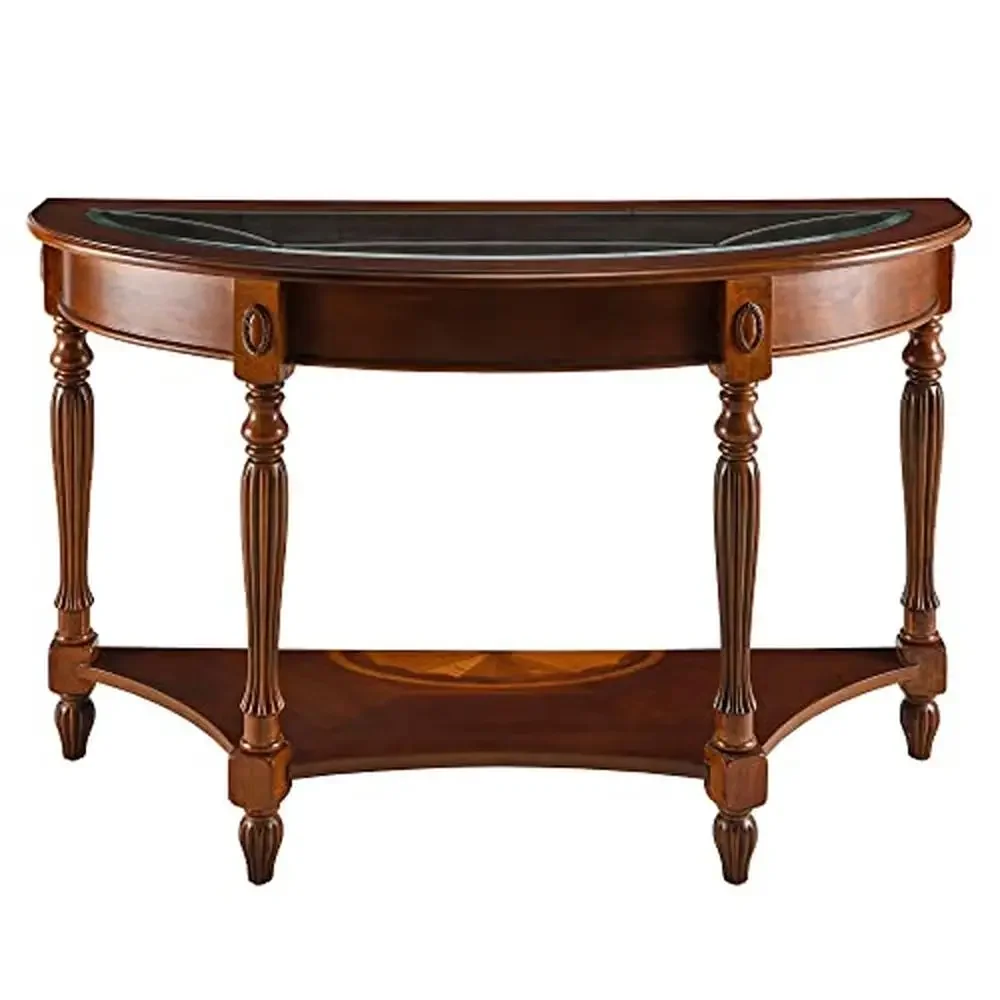 Solid Wood Half-Moon Console Table with Storage Shelf and Carved Details Elegant Vintage Sofa Entryway Table with Tempered Glass