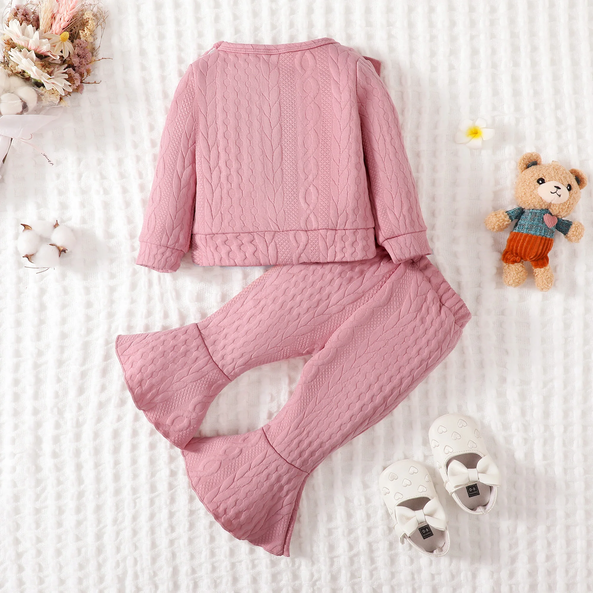 2pcs Baby Girl Clothing Casual Crewneck Long Sleeve Top&Solid Flared Pants Baby Clothes Set Fall Winter For Toddler Baby Girl