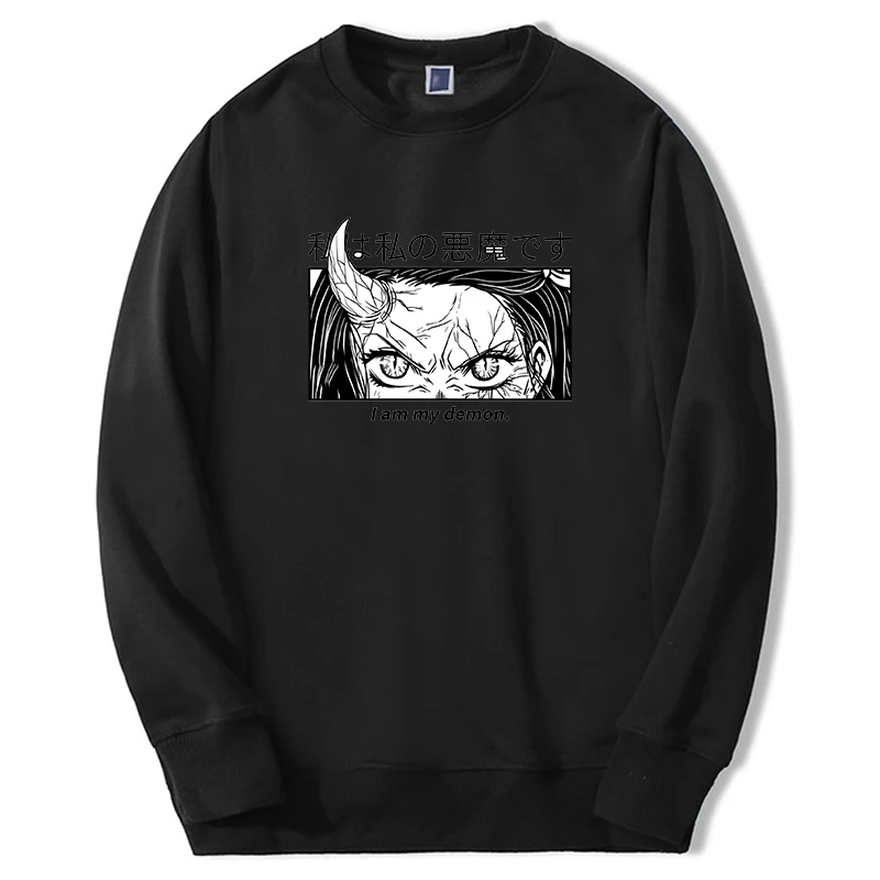 Demon Slayer Anime Hoodies Men Women Nezuko Girl Sad Eyes Manga Hot Anime Graphic Sweatshirt Casual Crewneck Loose Sportswear