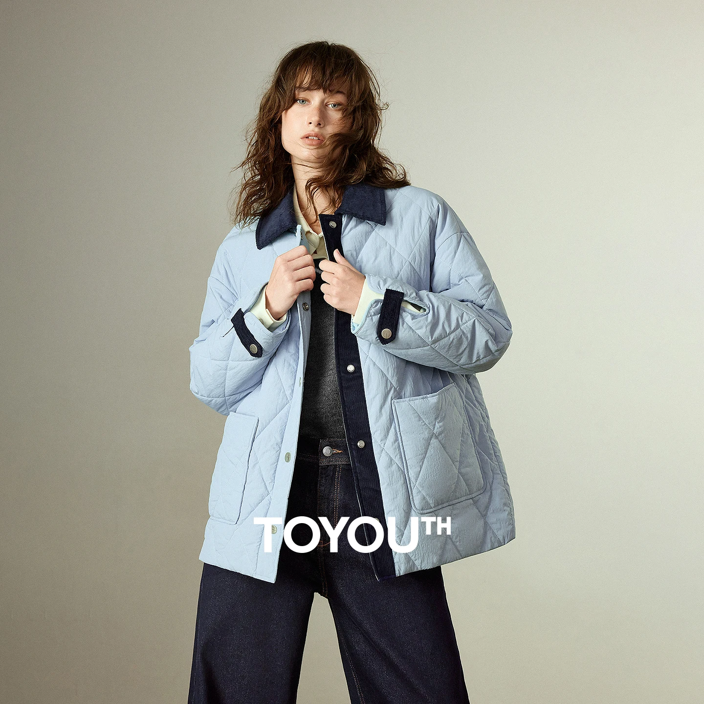 

TOYOUTH Women Coats 2025 Winter New Haze Blue Color-block Shirt-style Light Warm Retro Diamond Quilted Cotton Padded Coats