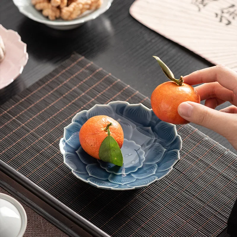 1pcs Ceramic Dessert Plate High Foot Snack Tray Chinese Style Fruit Dish for Buddha Offering Safe Material Atmosphere