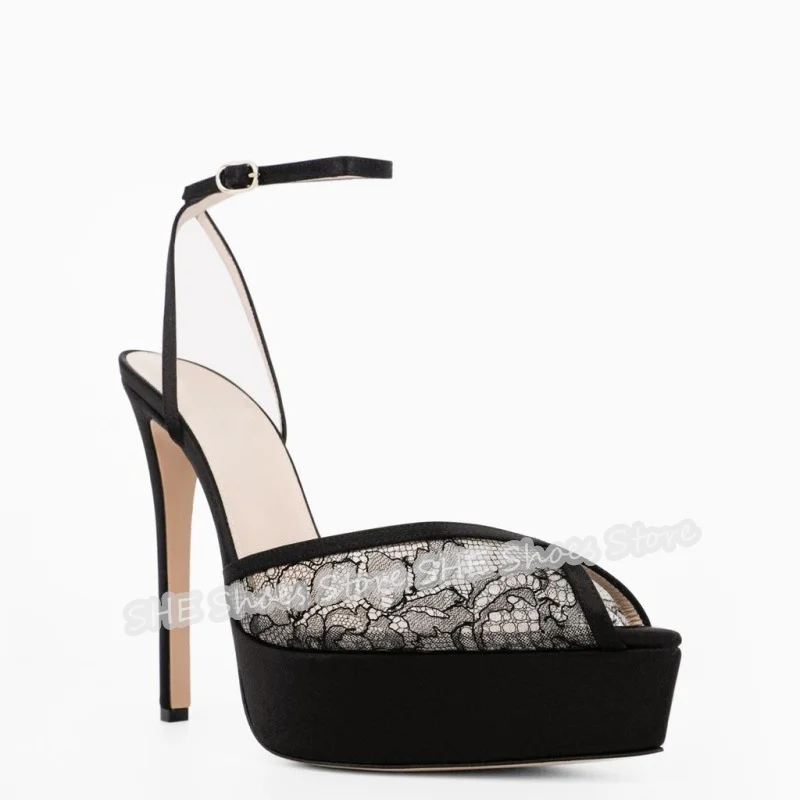 Black Embroidery Lace Chunky Platform Women Pumps Sexy Pointed Toe High Heel Ankle Strap Buckle Sandals Lady Catwalk Dress Shoes