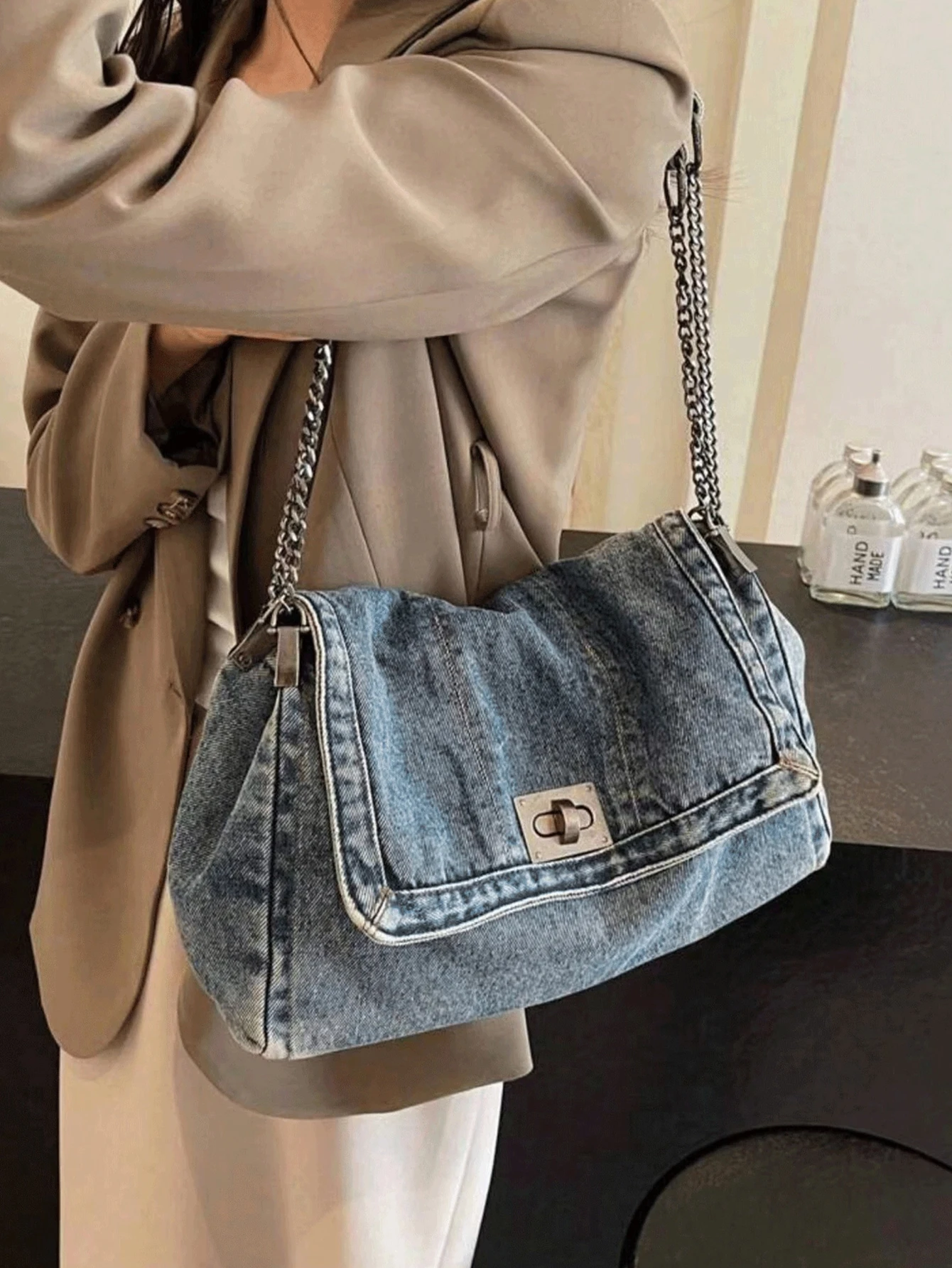 Retro Casual Denim Damen Tasche Neue Senior Kette Umhängetasche Große Kapazität Pendler Einkaufstasche – Detail 7