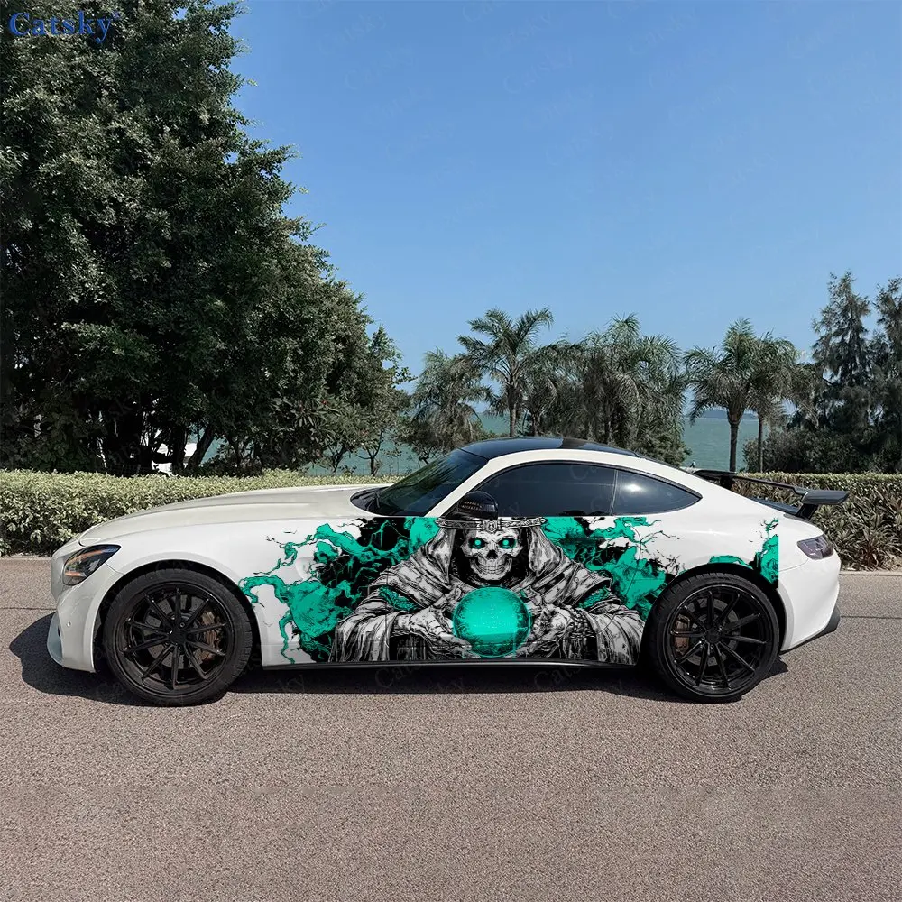 

2pcs Teal Flamed Undead Mage & Crystal Ball Car Side Wraps, Self-Adhesive PVC Waterproof & Scratch-Resistant Stickers