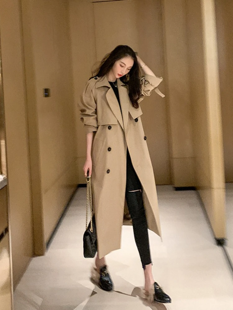 2023 Winter Jacket Trench Coat for Women Clothes Women Solid Color Lapels Double Row Buttons Long Windbreaker Ladies Work Tops